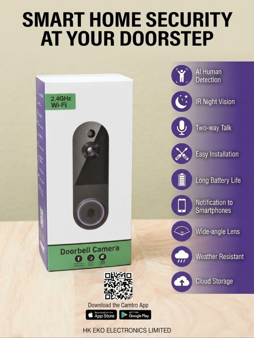 Wireless Video Doorbell Camera Smart HD Night Vision AI Human Detection Linen